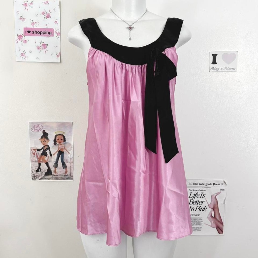 Lola & Coco by La Senza Pink Satin Babydoll Dress — Black Bow / Y2K Lingerie
